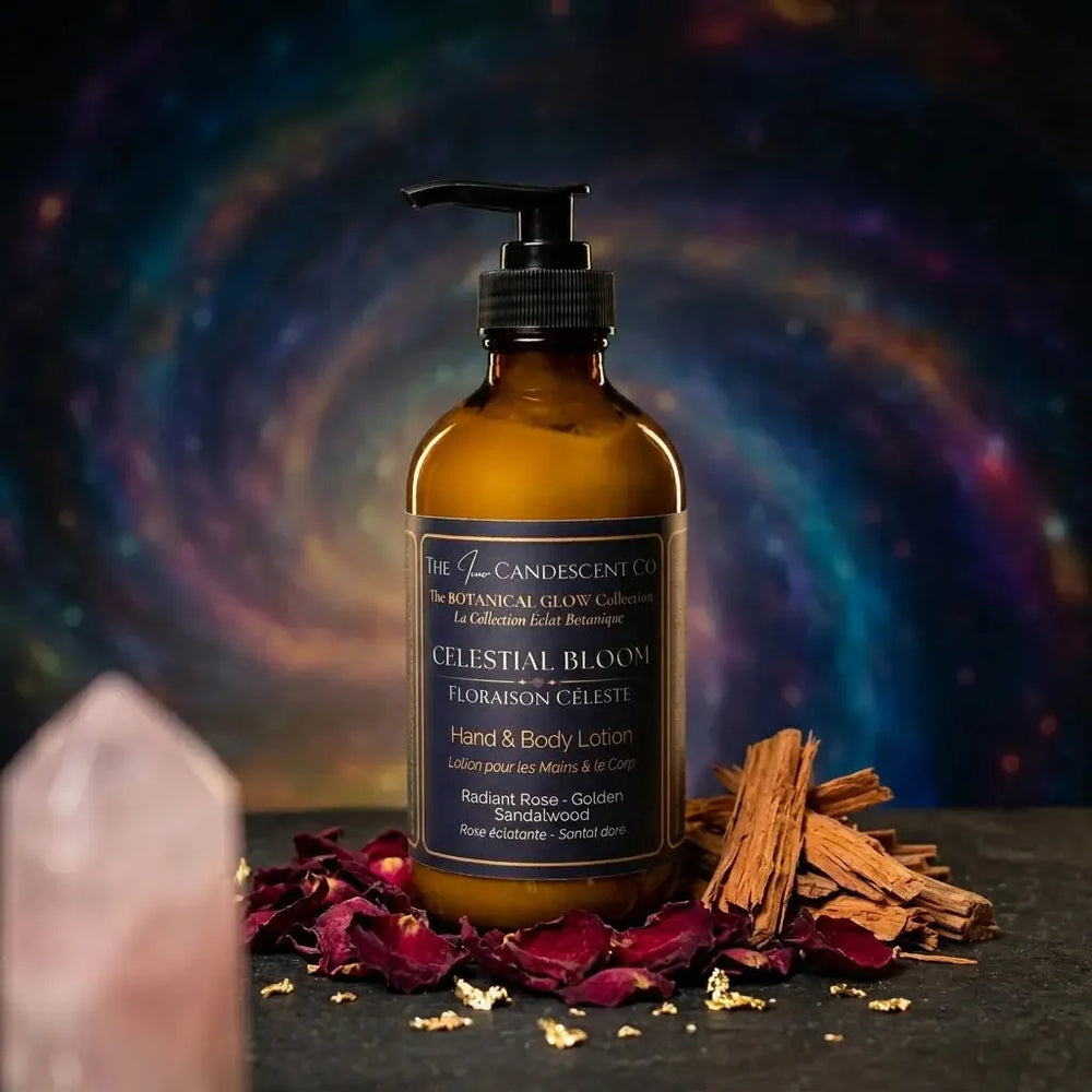 CELESTIAL BLOOM | Lait pour les mains et le corps de luxe Rose, Ambre et Bois de Santal