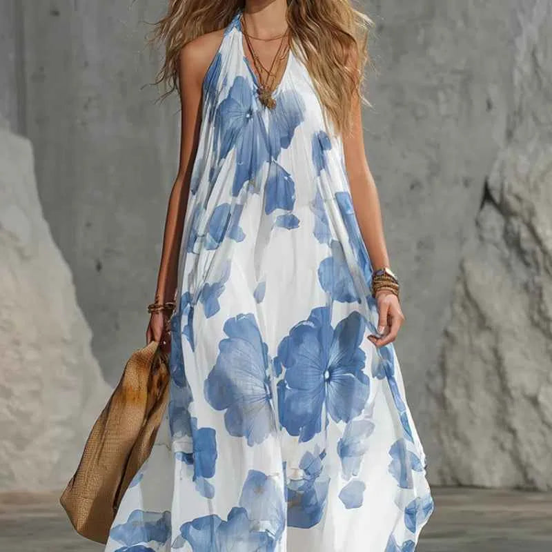 Vintage-Inspired Holiday Maxi Dress – Women's Blue Chiffon Oversized Print Dress