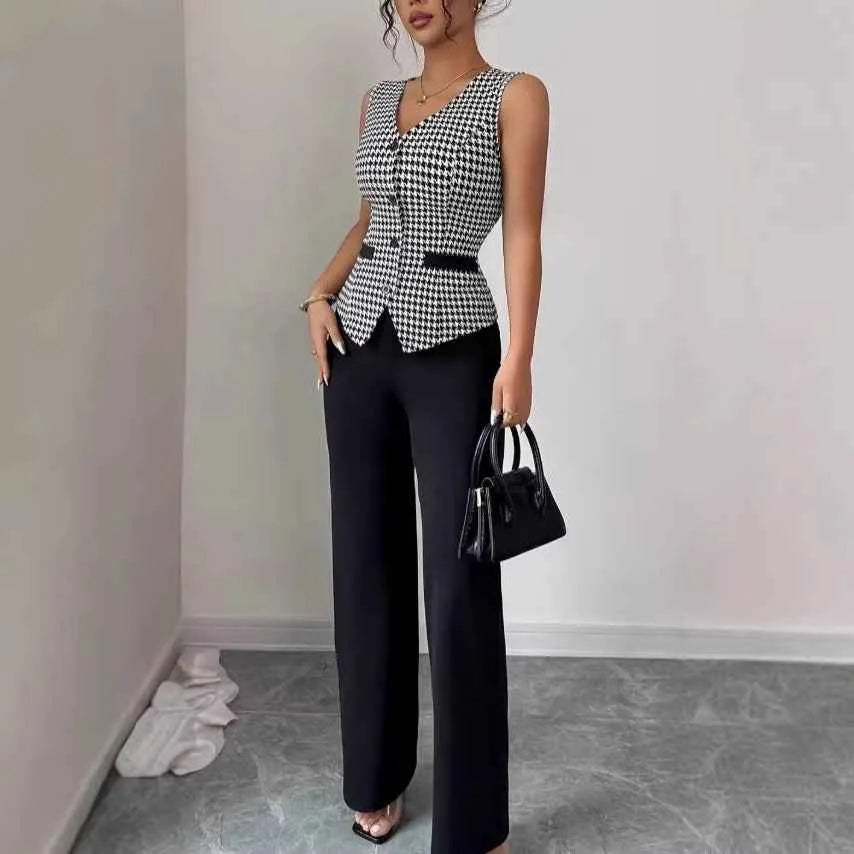 Ensemble deux pièces pour femme : veste à pied-de-poule et pantalon uni – Costume décontracté ajusté sans manches