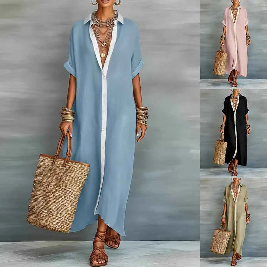 Robe d'été courte pour femme – Maxi robe à col à revers et boutonnée