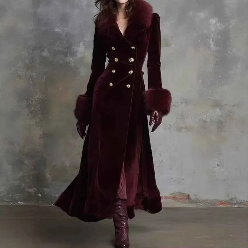 Women’s Retro Fur-Trimmed Waist-Cinching Coat – Solid Color Single-Breasted Winter Jacket