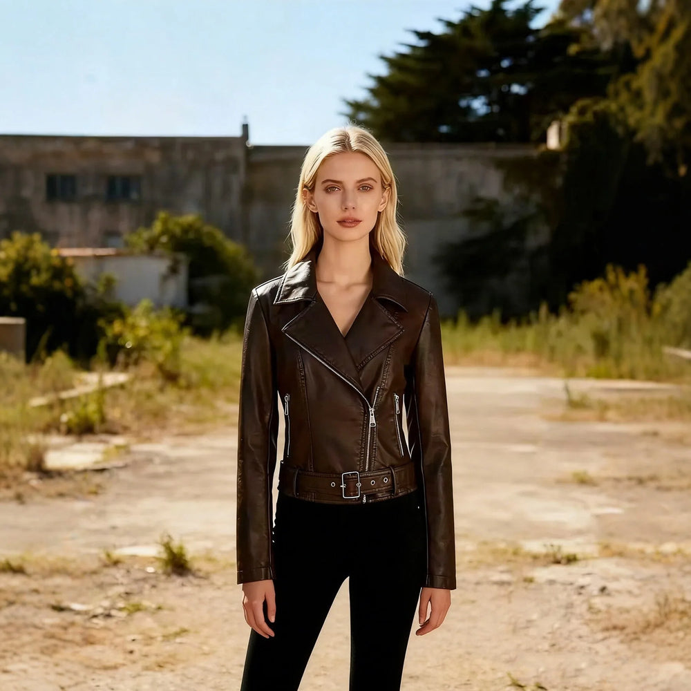 Women’s Short Leather Biker Jacket – Lapel Collar Motorcycle-Style Slim-Fit Coat