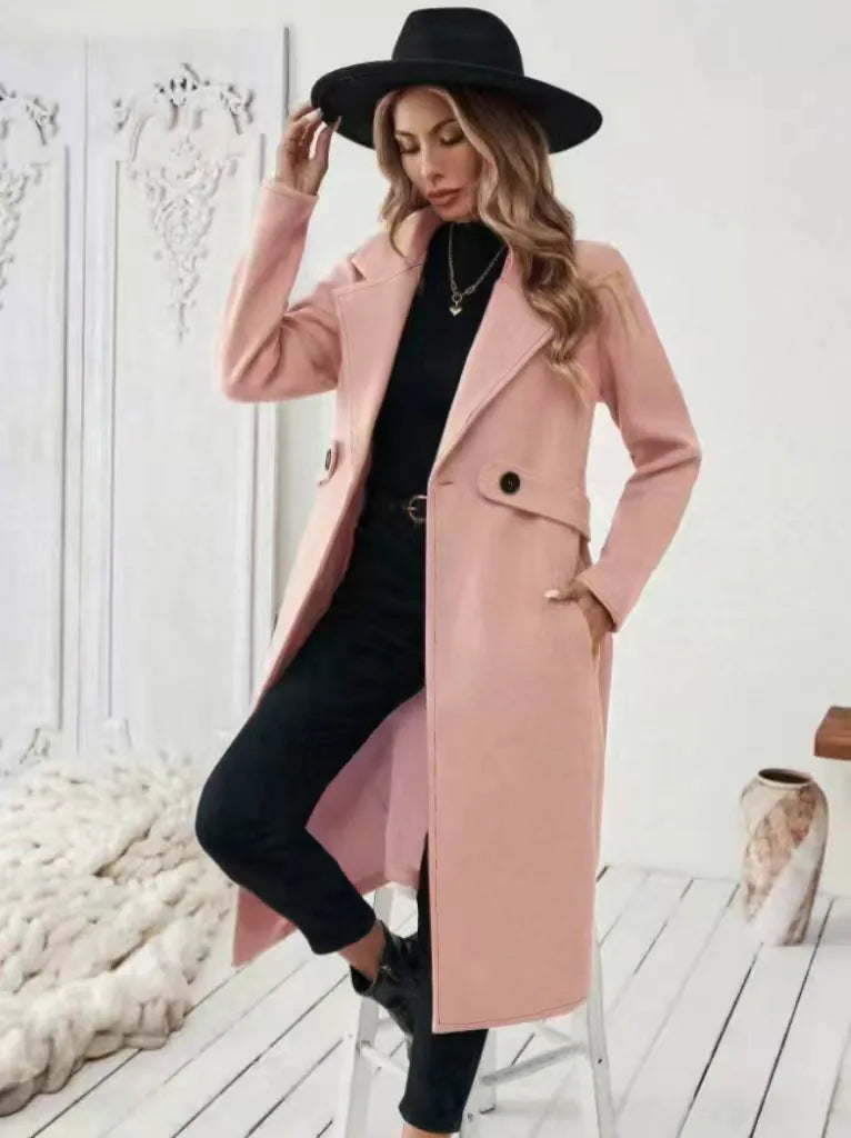 Women’s Double-Breasted Wool Coat – Solid Color Lapel Collar Winter Jacket
