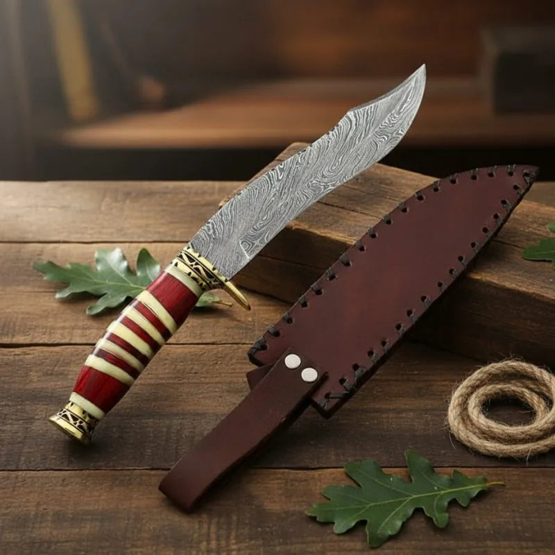 Couteau de chasse à lame fixe en acier Damas de 13 pouces