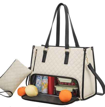 Sac fourre-tout à lunch et pour ordinateur portable matelassé pour femmes - Isotherme, étanche, bandoulière, grande capacité, avec pochette