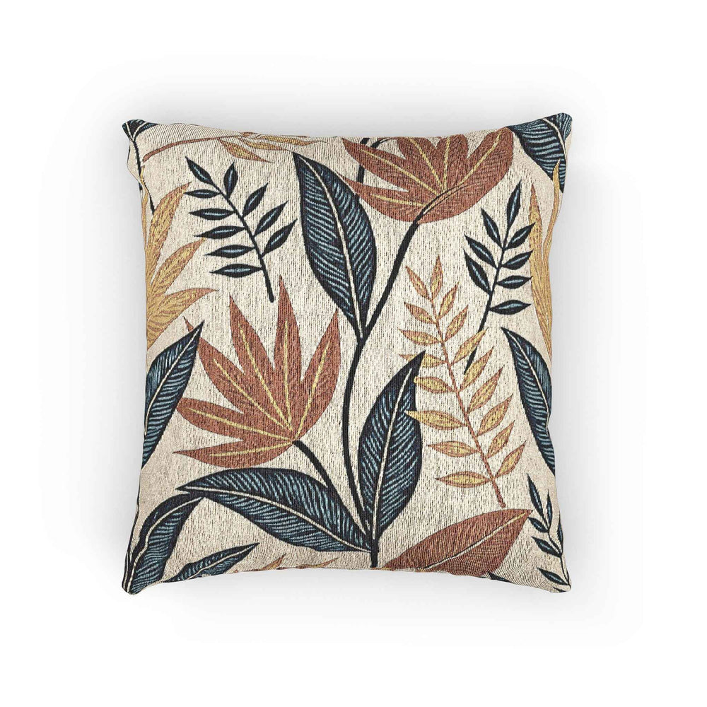 Coussin tissé à motif de feuilles tropicales | Coussin d'appoint botanique, motif bleu rouille neutre