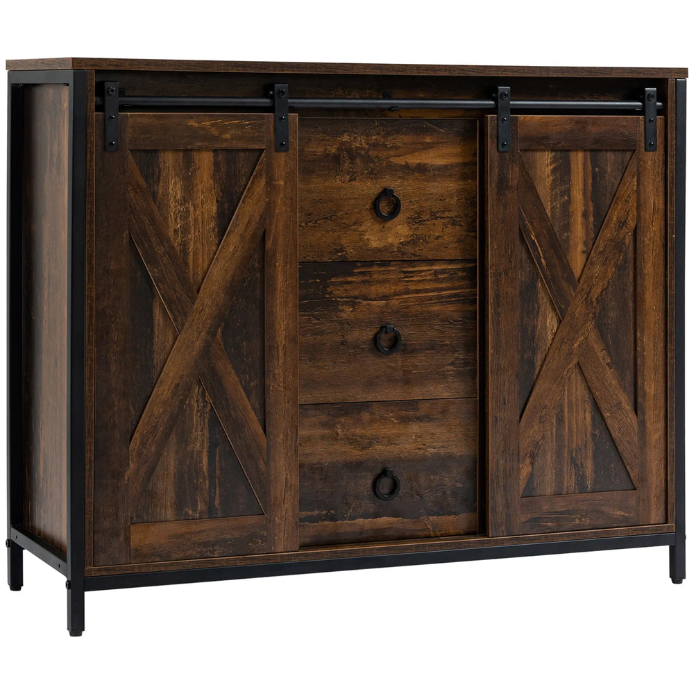 Industrial Rustic Brown Buffet Cabinet – Kitchen Sideboard with Sliding Barn Doors, 3 Drawers & Adjustable Shelves (United States & Canada Delivery Only)