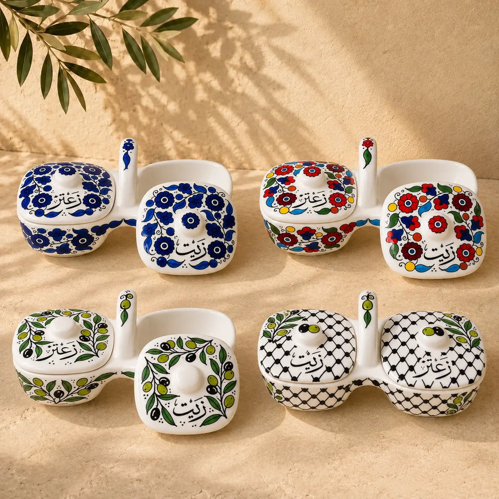 Handmade Ceramic Olive Oil & Za'atar Dish Set – 12 × 11.5 × 23.5cm