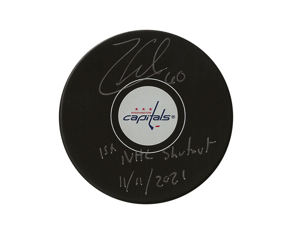 Palet officiel des Capitals de Washington signé par Zach Fucale, dédicacé « 1st NHL Shutout 11/11/2021 »