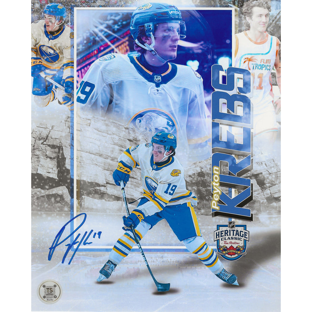 Photo 8x10 de Peyton Krebs dédicacée - Buffalo Sabres - Œuvre d'art Heritage Classic 2022