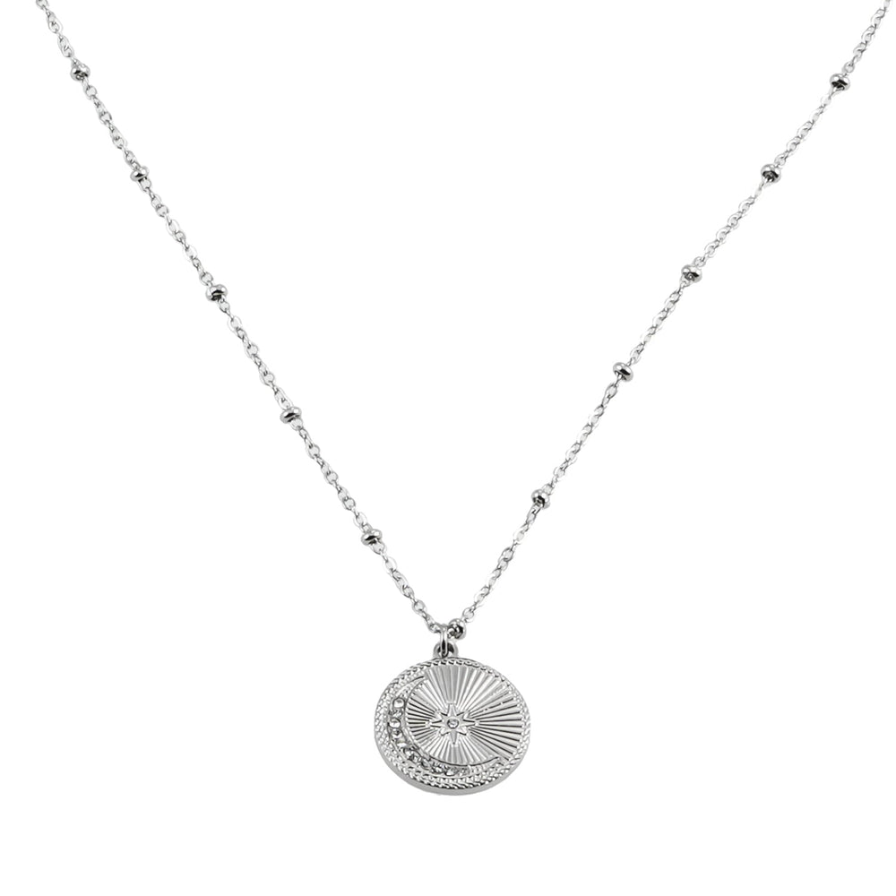 AMASA : Chaîne perlée avec breloque lune croissante étoilée et zircone pavée - Argent
