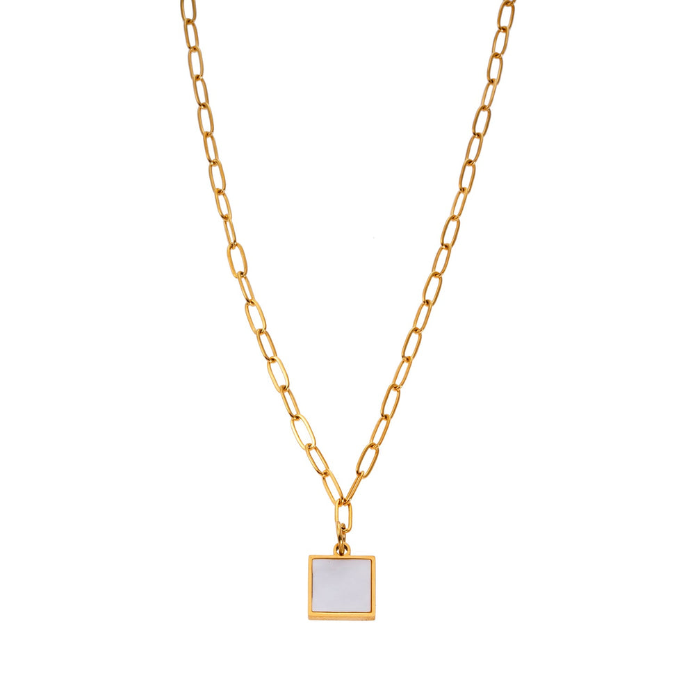 Style ANNABELLA: Minimalist Metal & Shell Square Pendant on a Paper-Clip Chain Necklace.