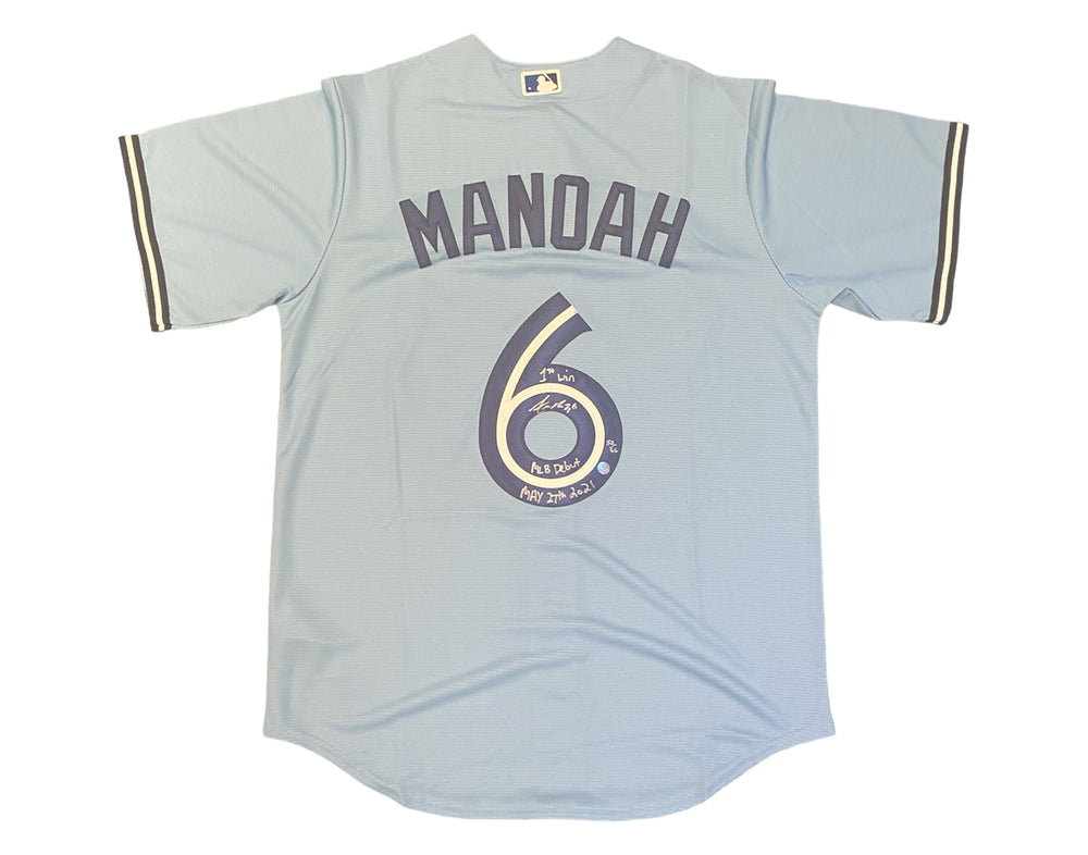 Maillot réplique Nike bleu poudré des Blue Jays de Toronto dédicacé par Alek Manoah, avec multiples inscriptions, LE /66