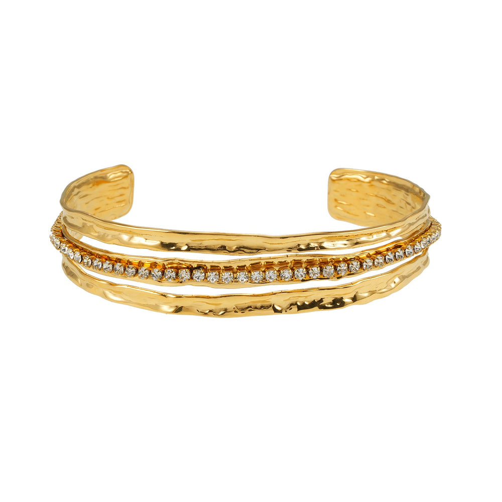 BELLINA Or : Bracelet triple empilé texturé avec zircone (CZ) incrustée au centre. Empilé pour le glamour.
