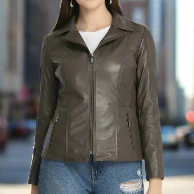Veste en cuir classique à col ouvert pour femme - BOL