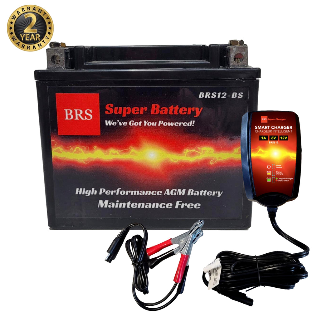Batterie PowerSports 12 V AGM scellée haute performance BRS12-BS avec garantie de 2 ans et chargeur/mainteneur intelligent