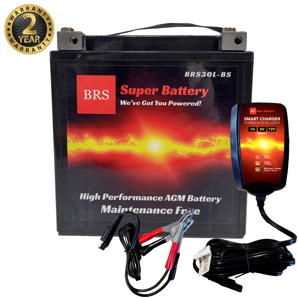 High Performance BRS30L-BS 2 Year Warranty & Smart Charger / Maintainer Combo Bundle Kit 12v Sealed AGM PowerSports Battery