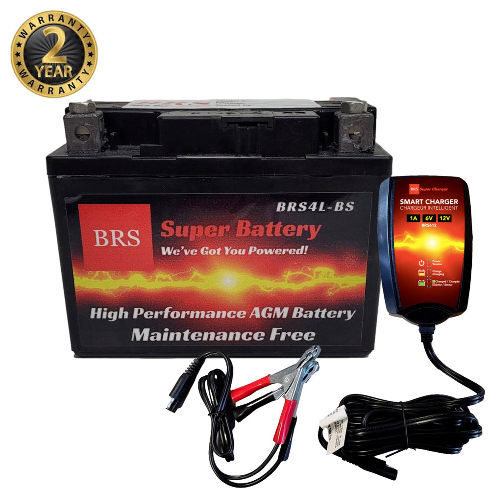 Kit Combo Haute Performance BRS4L-BS avec Garantie de 2 Ans, Chargeur Intelligent et Mainteneur – Batterie AGM Scellée 12 V pour Sports Motorisés