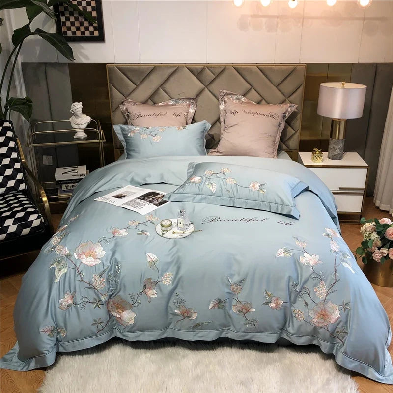 Ensemble de couette Belle Maison en coton égyptien brodé 1000 fils - Bleu acier