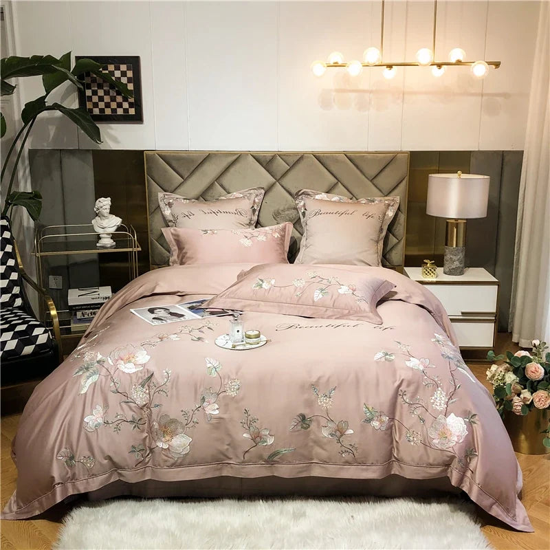 Ensemble de couette Belle Maison en coton égyptien brodé 1000 fils - Rose poudré