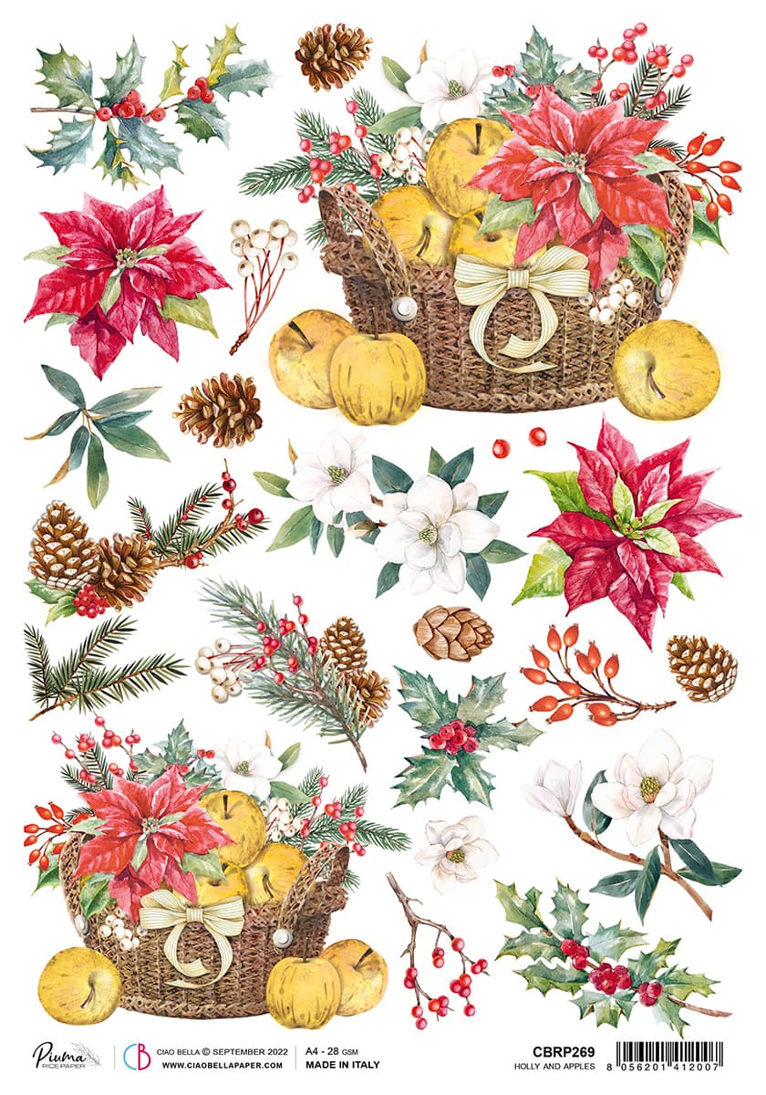 Papier de Riz A4 Piuma Houx et Pommes - 5 Feuilles