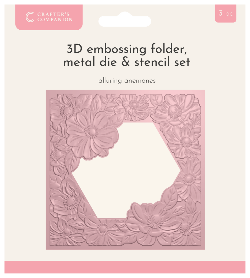 Crafters Companion 5.5” X 5.5” 3D Embossing Folder, Metal Die and Stencil Set - Alluring Anemones