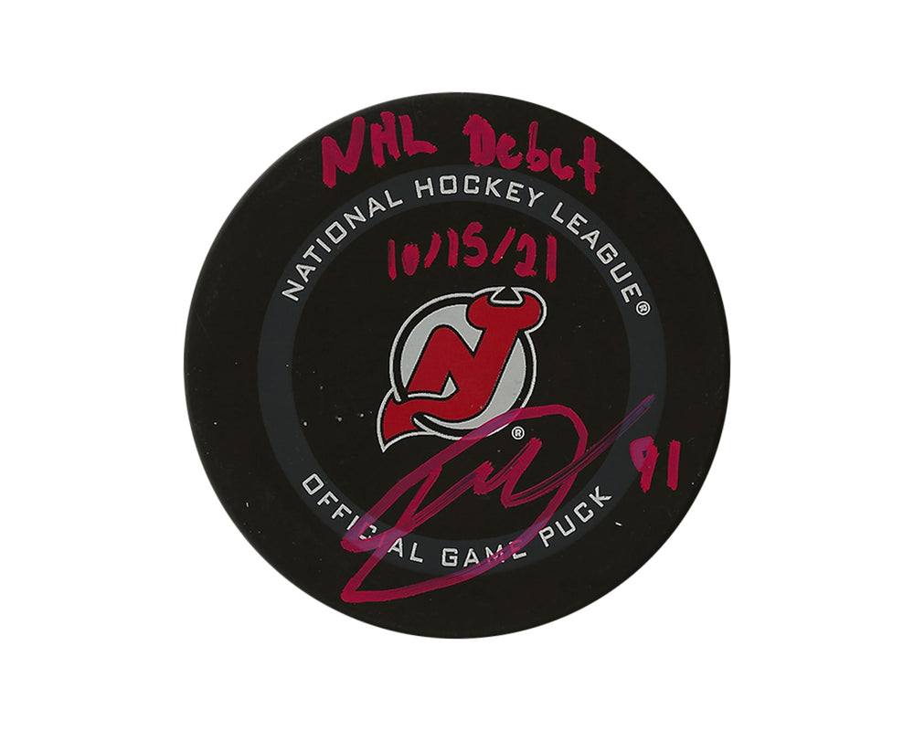Dawson Mercer Autographed New Jersey Devils Official Game Puck Inscribed "NHL Debut 10/15/21"