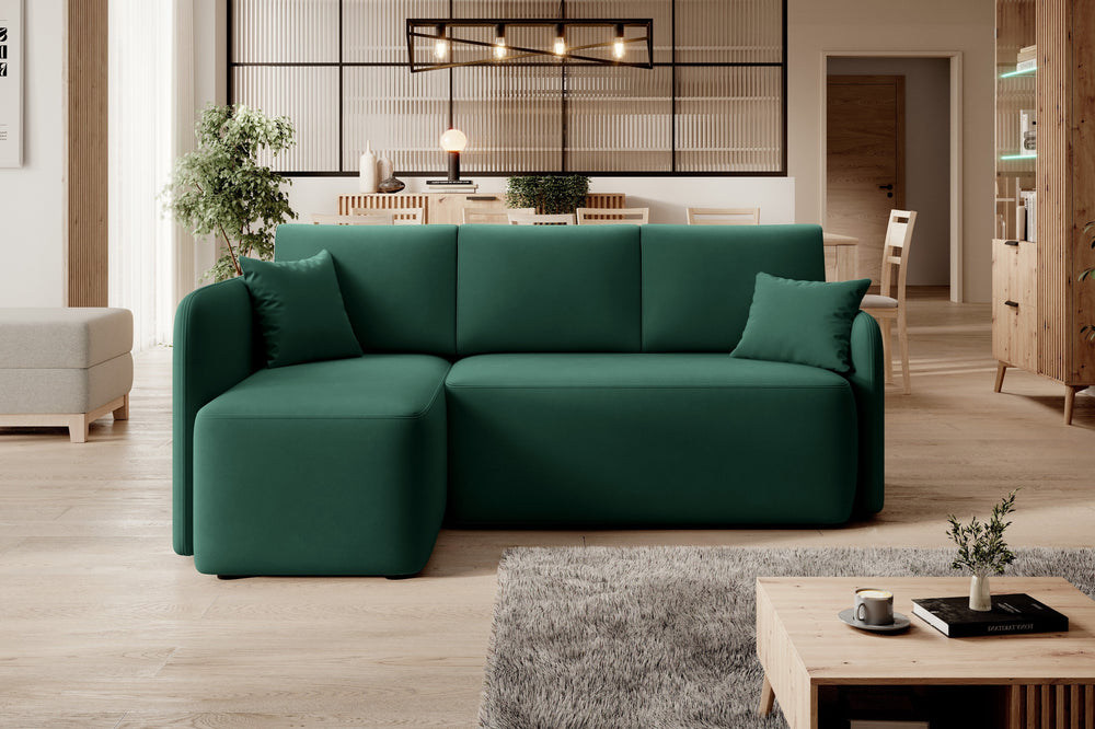Canapé d'angle convertible Hadson 3 places avec rangement et méridienne - Vert émeraude