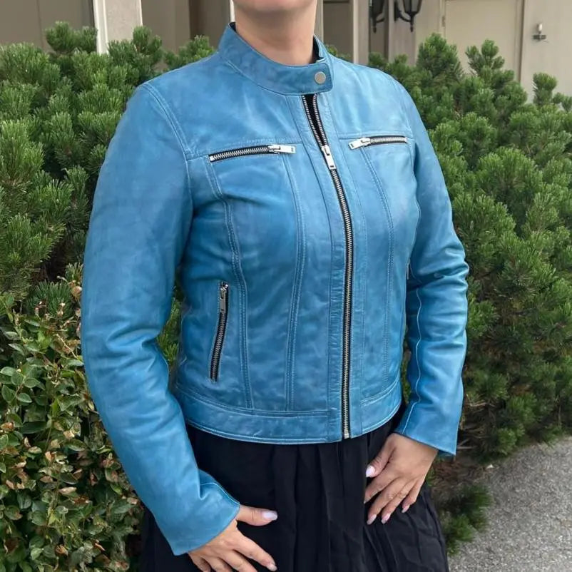 Blouson classique en cuir d'agneau pour femme avec col à bouton-pression