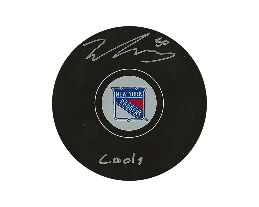 Rondelle autographiée par Will Cuylle, modèle autographe des Rangers de New York, avec l'inscription "Cools"