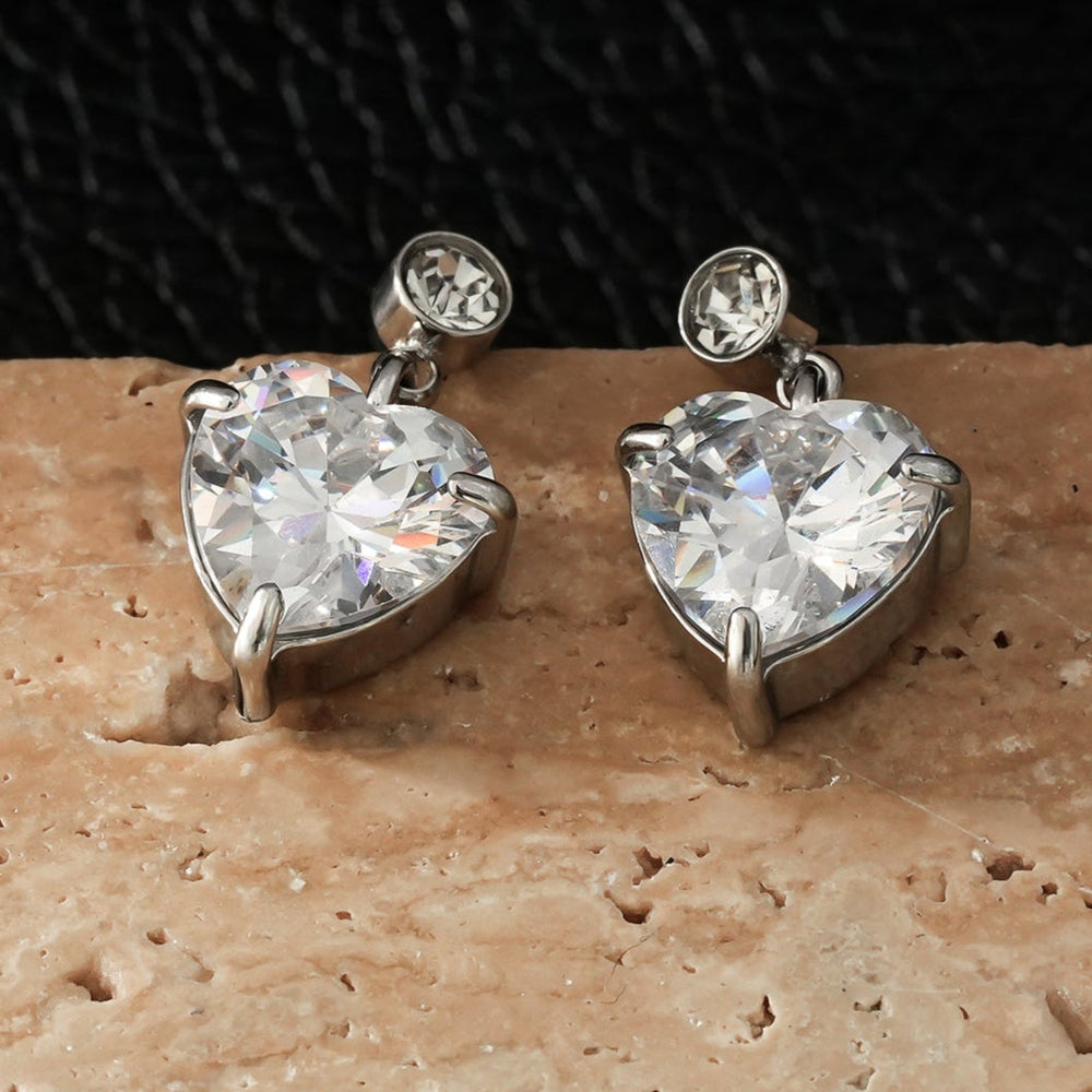 DAROCCA Argent (Or Blanc) : Clous d'oreilles combinés en zircone, grand cœur et mini solitaire rond