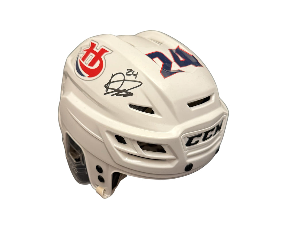 Casque de réplique CCM blanc des Hurricanes de Lethbridge autographié par Dylan Cozens
