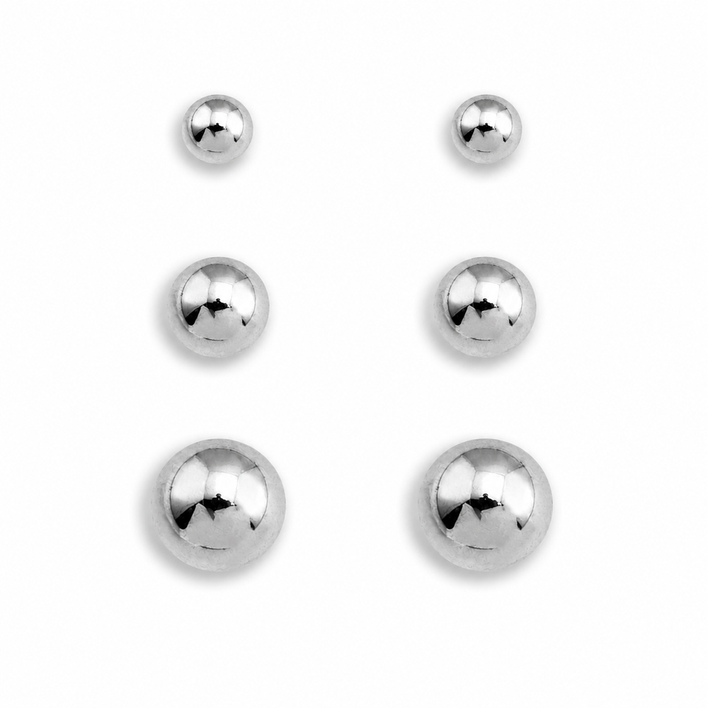 DESTINY Argent (Or Blanc) : Ensemble Classique de 3 Paires de Clous Boules Arrondies