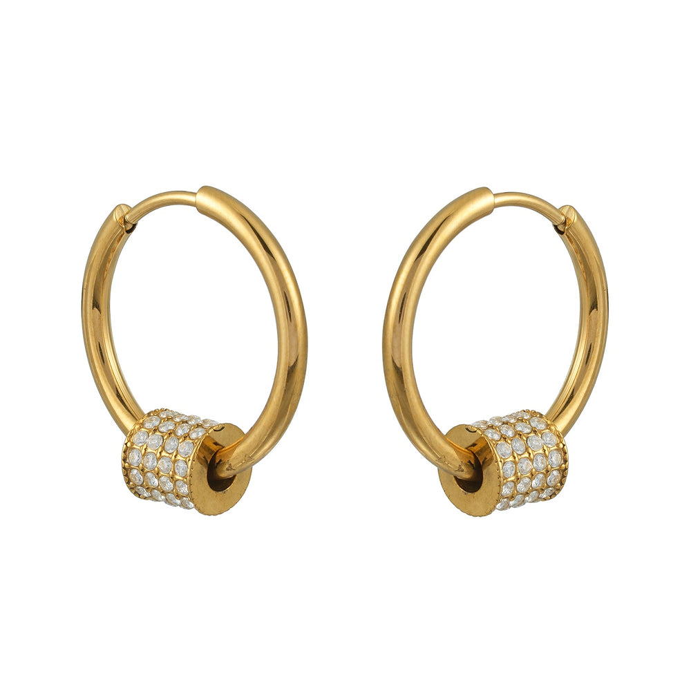 DUNIYA Or: Mini créoles avec breloque en zircone pavée tonneau – Style moderne et luxueux