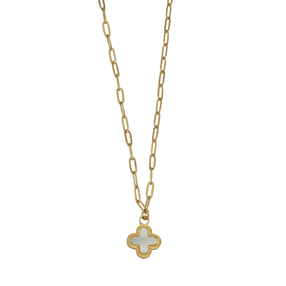 MAKA Or: Breloque Trèfle en Nacre Naturelle et Bordure Métal Doré sur Chaîne Maillons