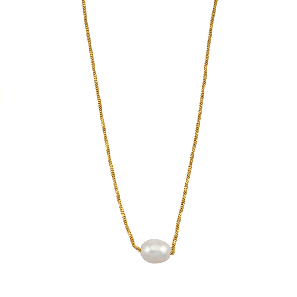 VAZSONY Gold: Effortless Grace - Dainty Textured Chain Necklace with Single Freshwater Pearl