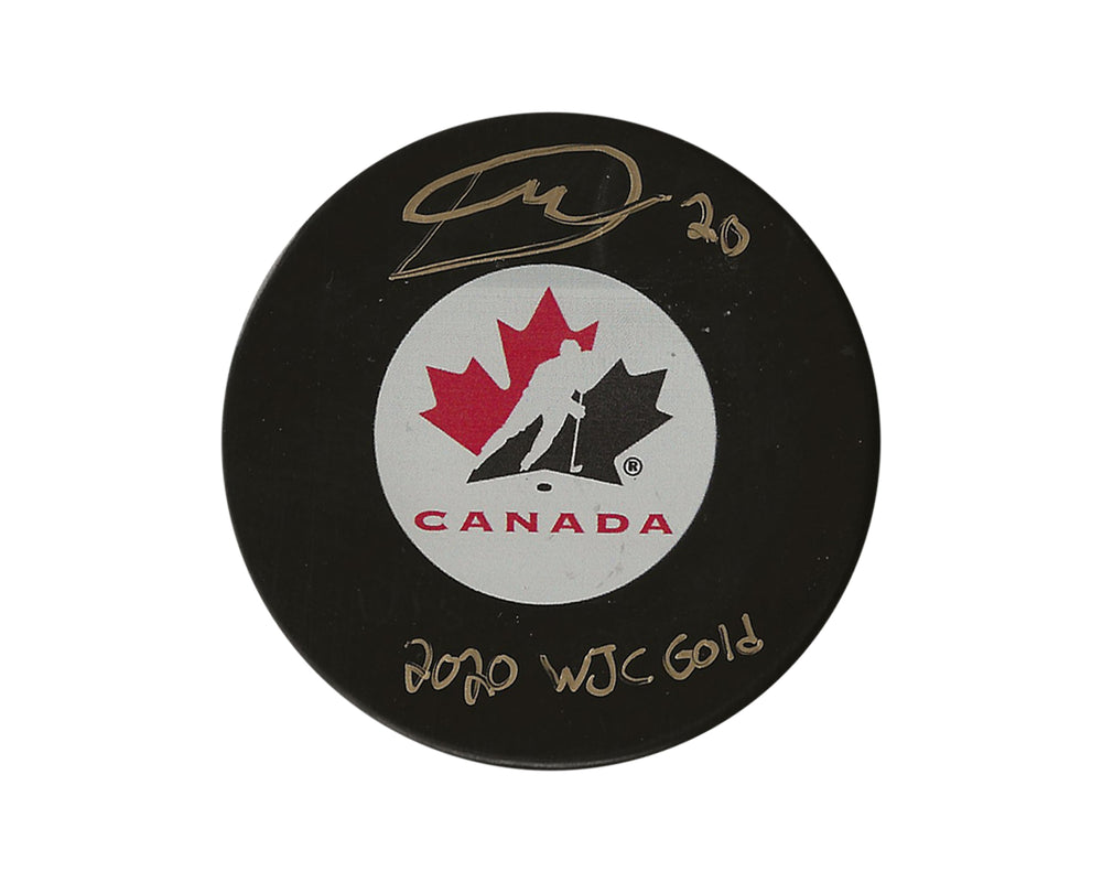 Dawson Mercer Autographed Team Canada Autograph Model Puck Inscribed "2020 WJC Gold"