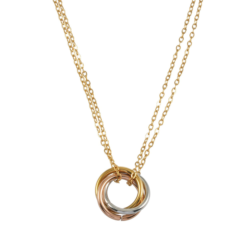 ELVIRA Métaux Mixtes : Collier Délicat à Double Chaîne avec Pendentif Entrelacé à 3 Anneaux – Symbole d'Amour, d'Unité et d'Éternité