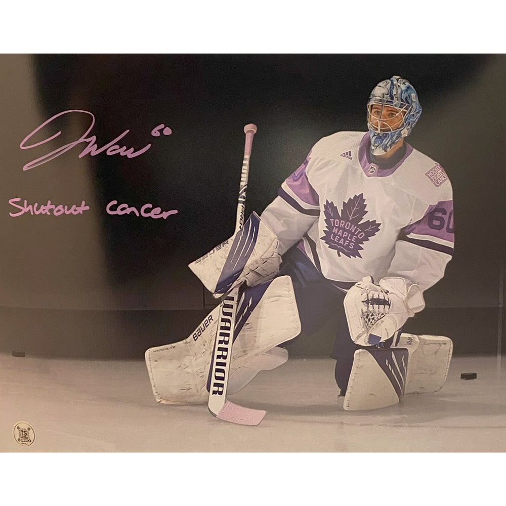 Photo 11x14 de Joseph Woll autographiée des Maple Leafs de Toronto, Collection « Hockey Fights Cancer », avec l'inscription « Shutout Cancer »