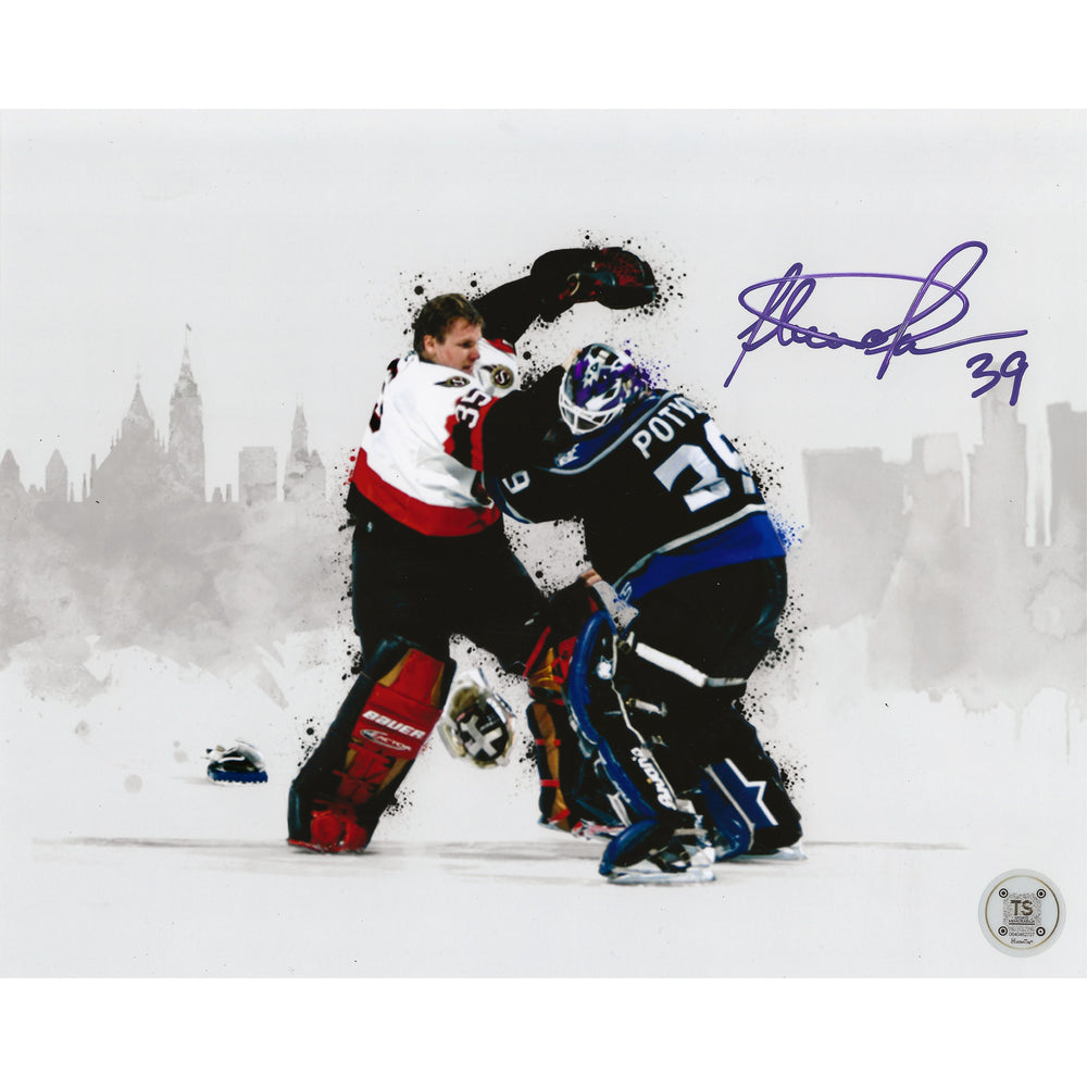 Photo 8x10 de Felix Potvin, autographe, bataille de gardiens de but des Kings de Los Angeles contre Hurme Skyline