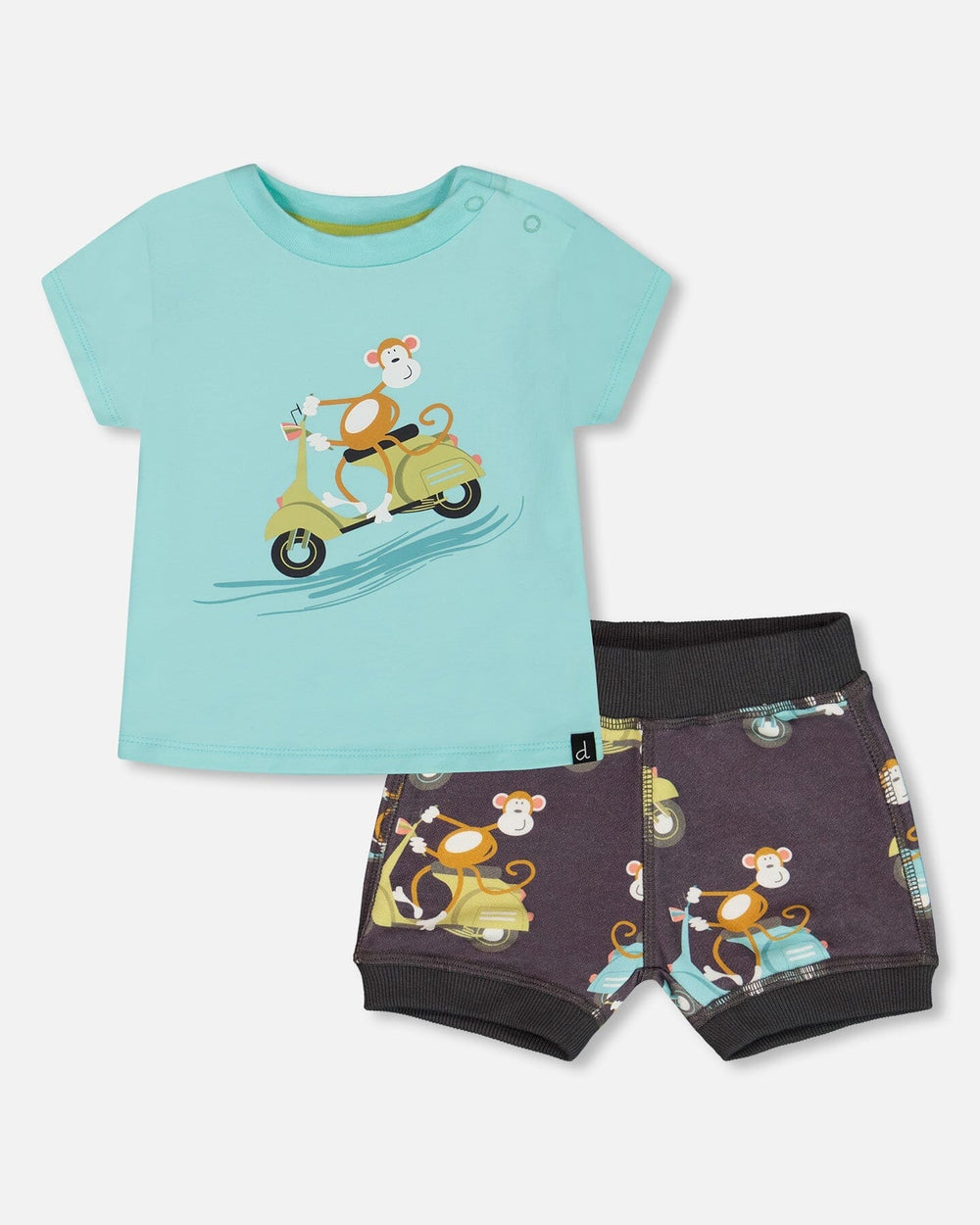 Two-Piece Top And Short Set Monkey On Navy And Turquoise Moped — Deux par Deux