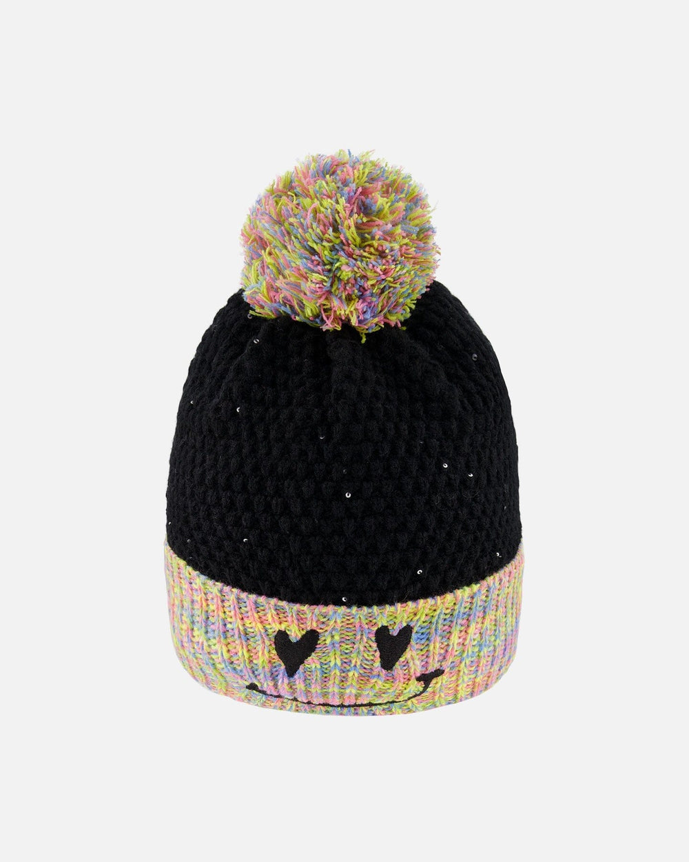 Bonnet en maille doublé avec pompon Noir et multicolore