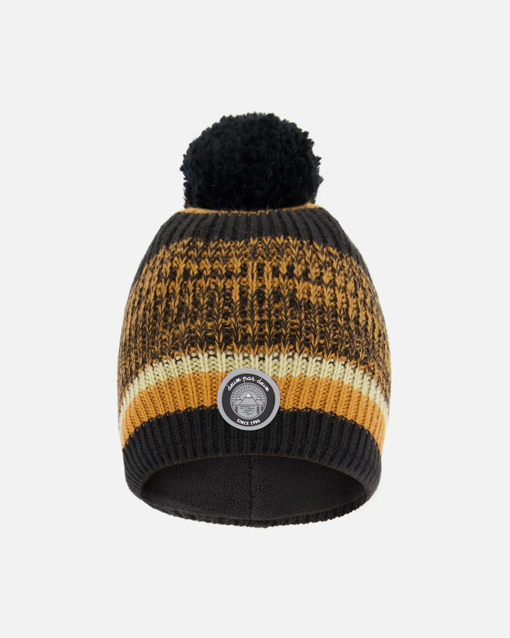 Bonnet tricot doublé à pompon noir et marron