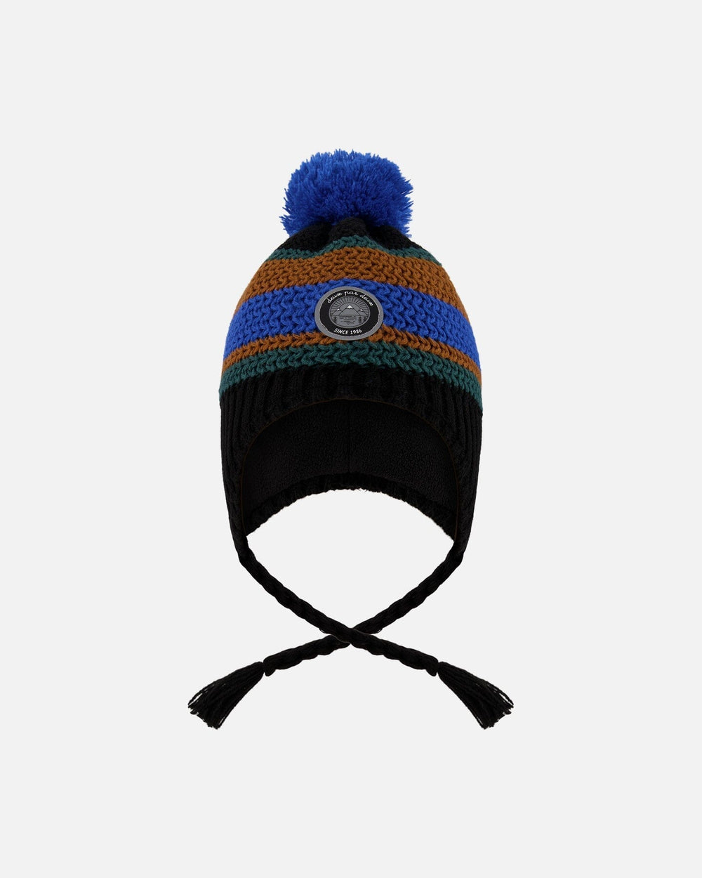 Bonnet péruvien en maille doublé avec pompon noir, bleu et marron