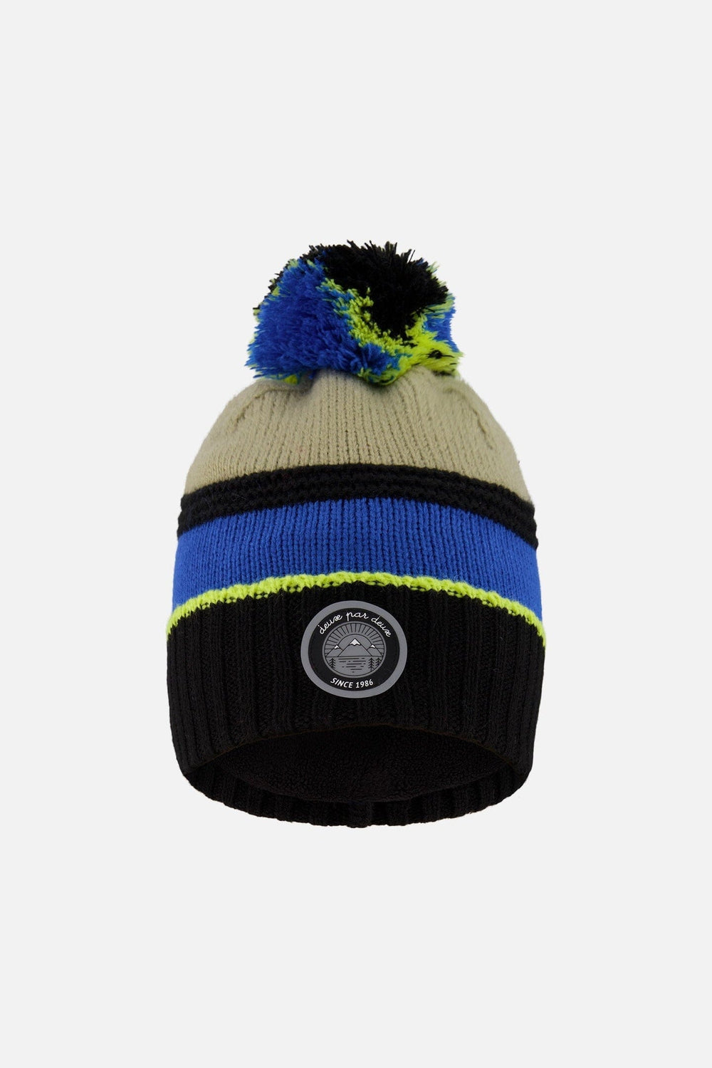 Lined Knit Pompom Hat Black, Taupe And Lime Green