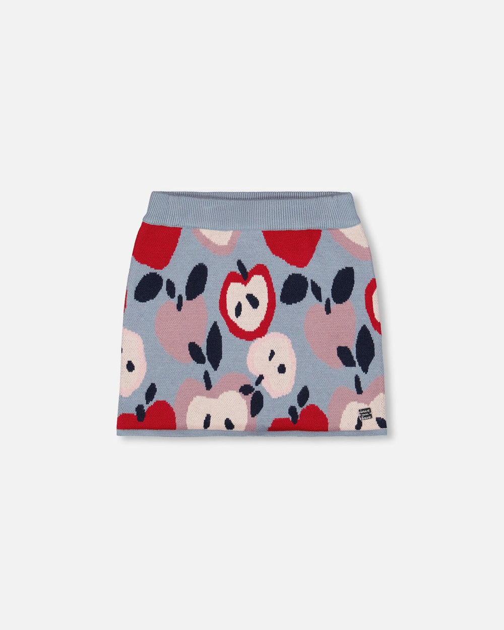 Jupe en maille bleue et rouge avec jacquard cœur et pomme