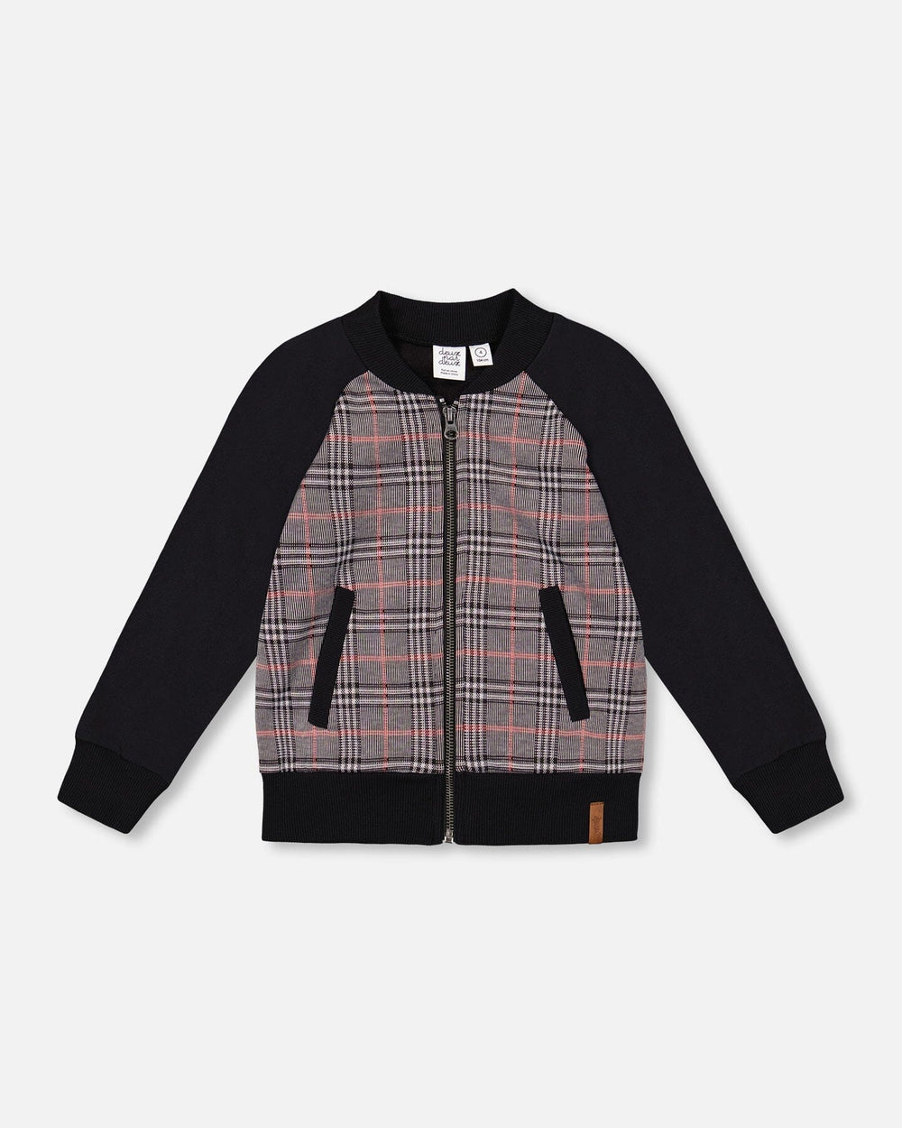 Bi-Material Zip Front Jacket Gray And Black Plaid — Deux par Deux