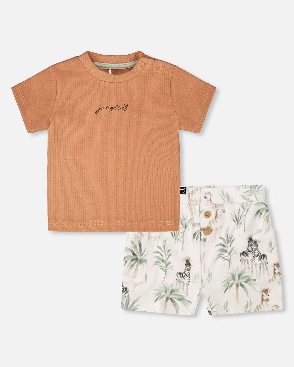 Ensemble T-shirt En Jersey Côtelé De Coton Et Short En Jersey De Coton Biologique Imprimé Zèbre Caramel Et Beige