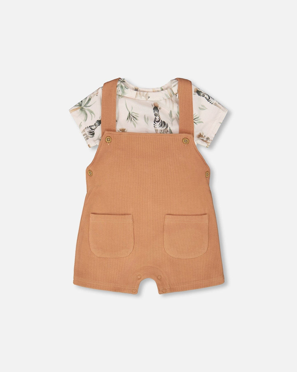 Organic Cotton Jersey Onesie And Cotton Rib Shortall Set Beige Zebra Print And Caramel — Deux par Deux