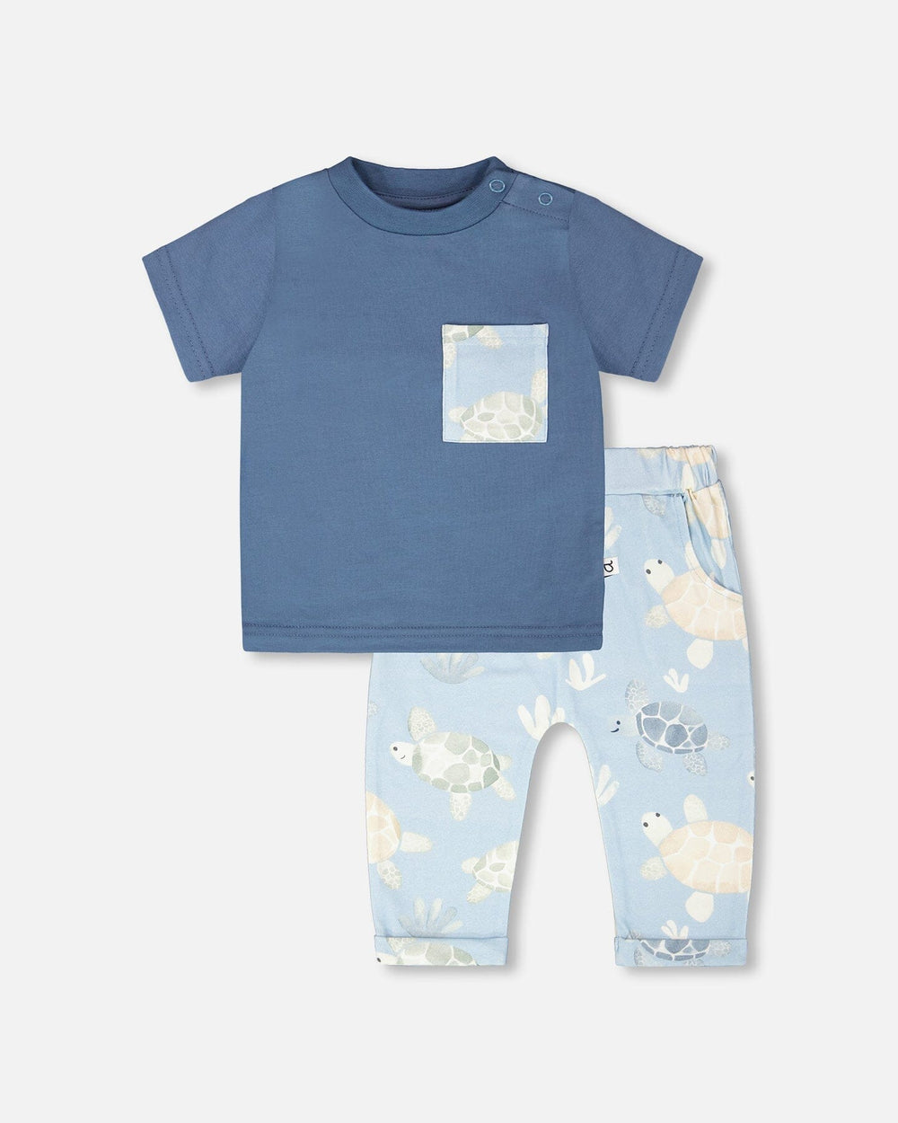 Organic Cotton Jersey T-Shirt And Pants Set Medium Blue And Blue Turtle Print — Deux par Deux